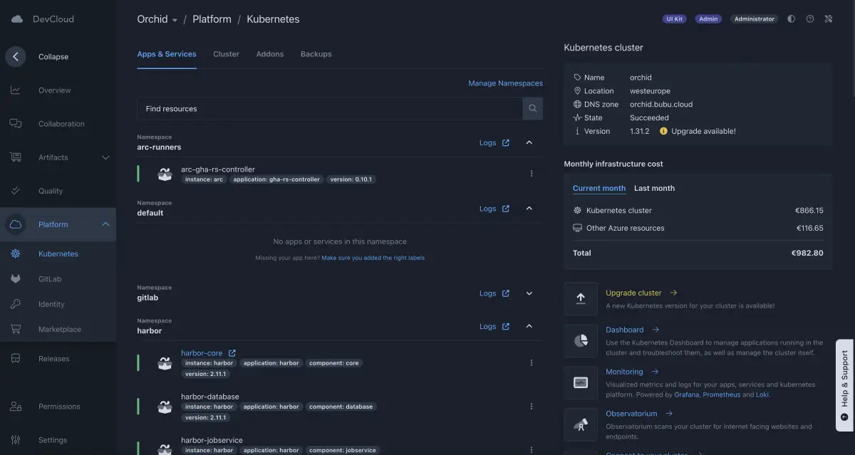 DevCloud cluster management view