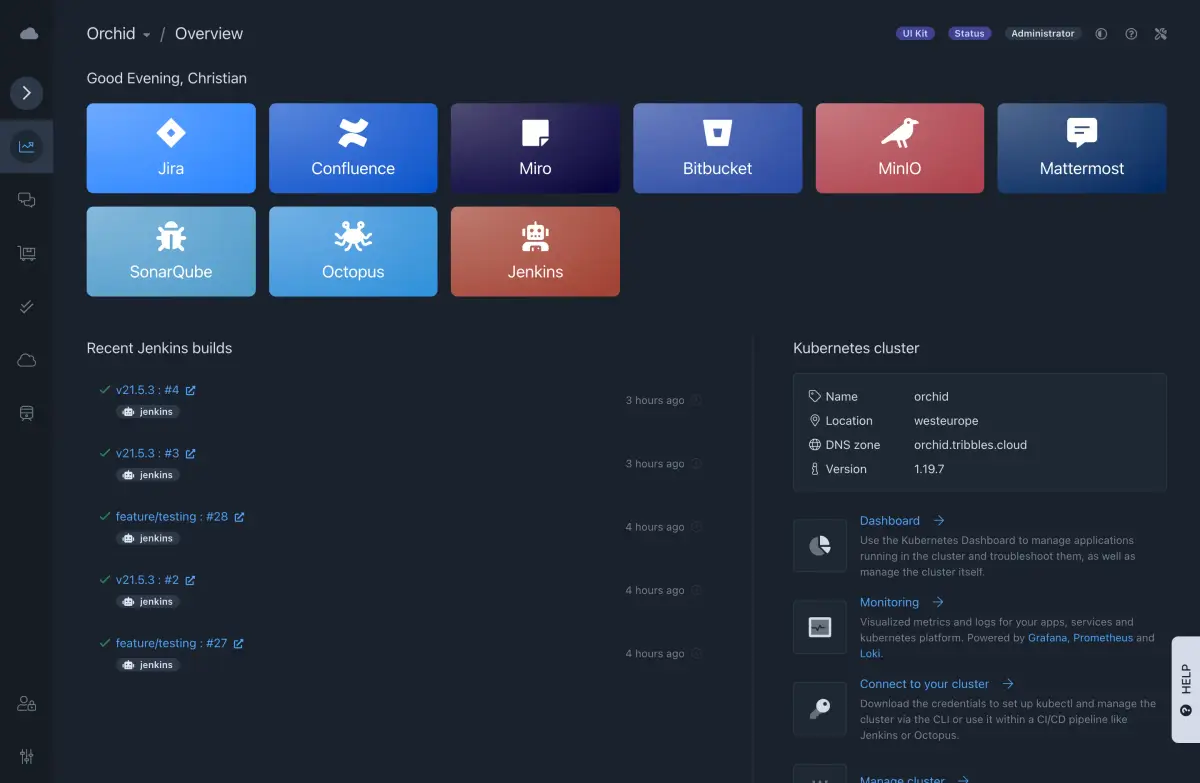 DevCloud platform dashboard with integrated developer tools and cluster status