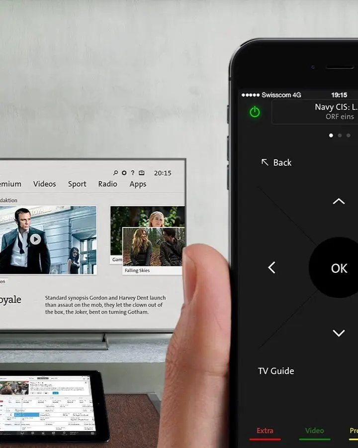 Swisscom TV 2.0 on a television with the iPhone remote app